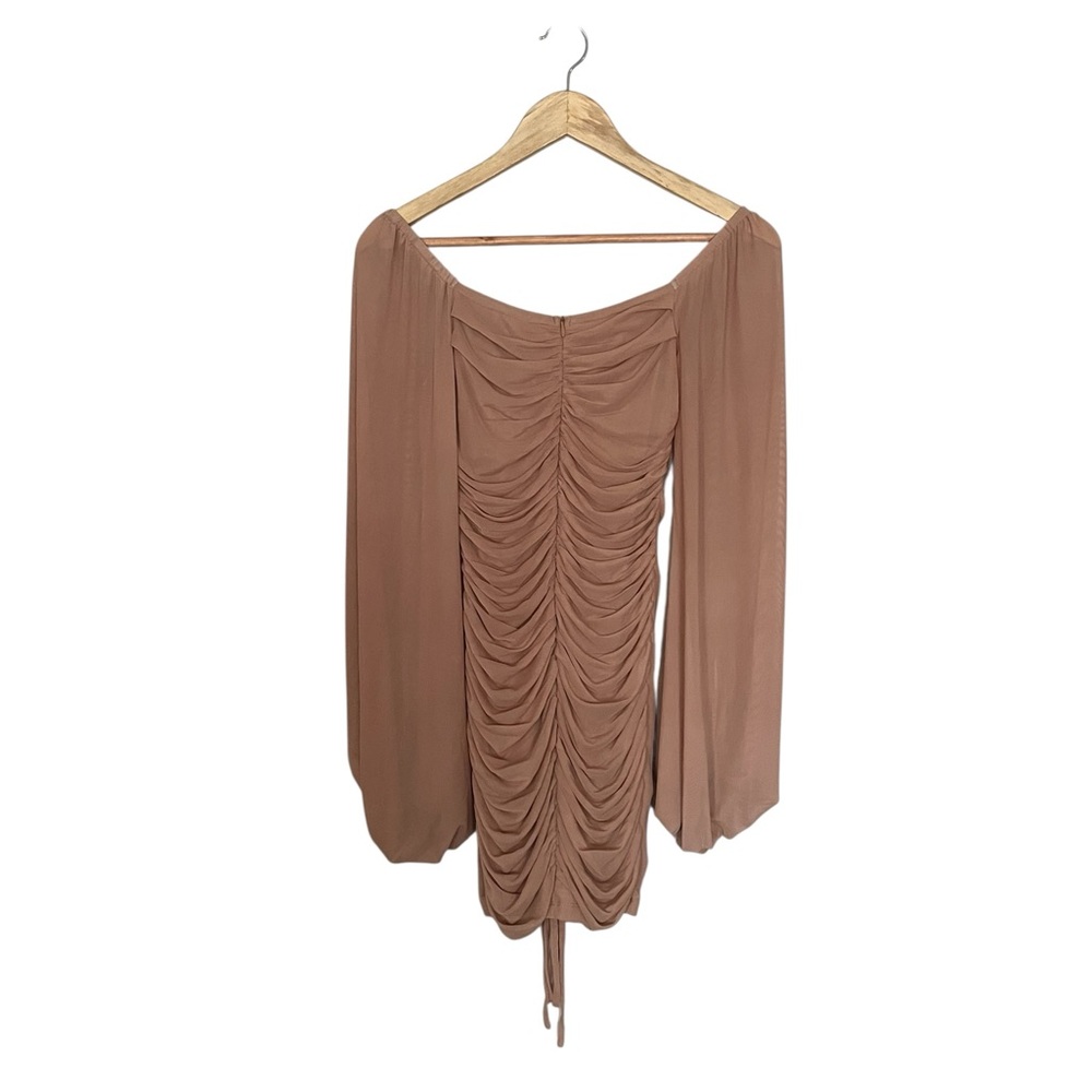 Hello Molly•Off Shoulder Drawstring Ruched Nude BodyCon Dress - Picture 3 of 5